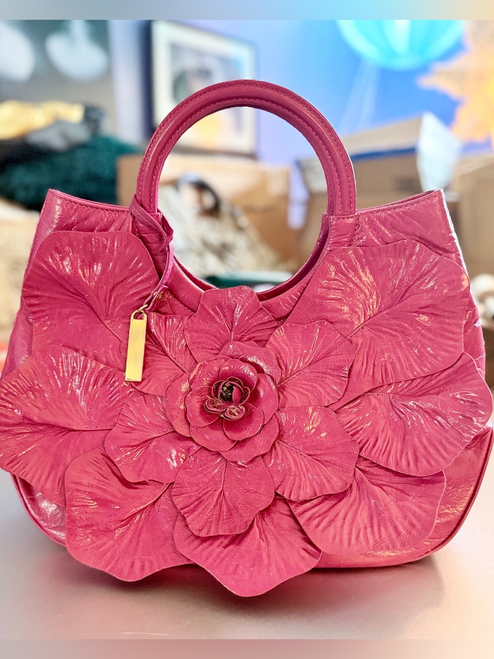 Anne Fontaine Scarlet Large 17.5” Hot Pink Floral Appliqué Shoulder Bag